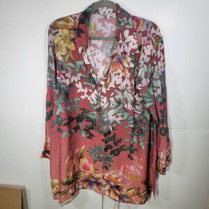 John Mark Multicolor Floral Print Sheer Long Sleeve Tunic Blouse Size L
